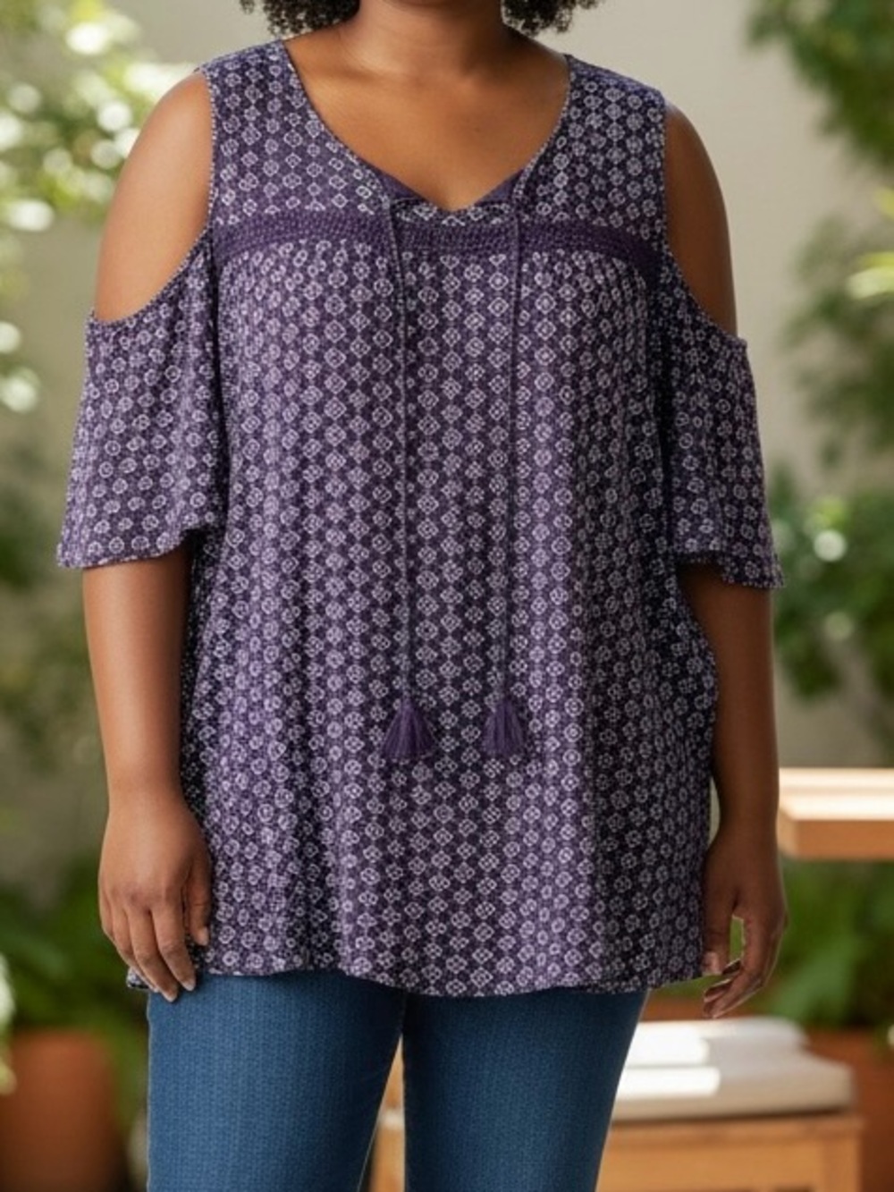 Catherine’s Cold-Shoulder Tassel Blouse